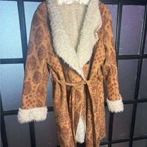 Castaluna Tapestry Faux Shearling Coat Size 16W Boho Tie Belt